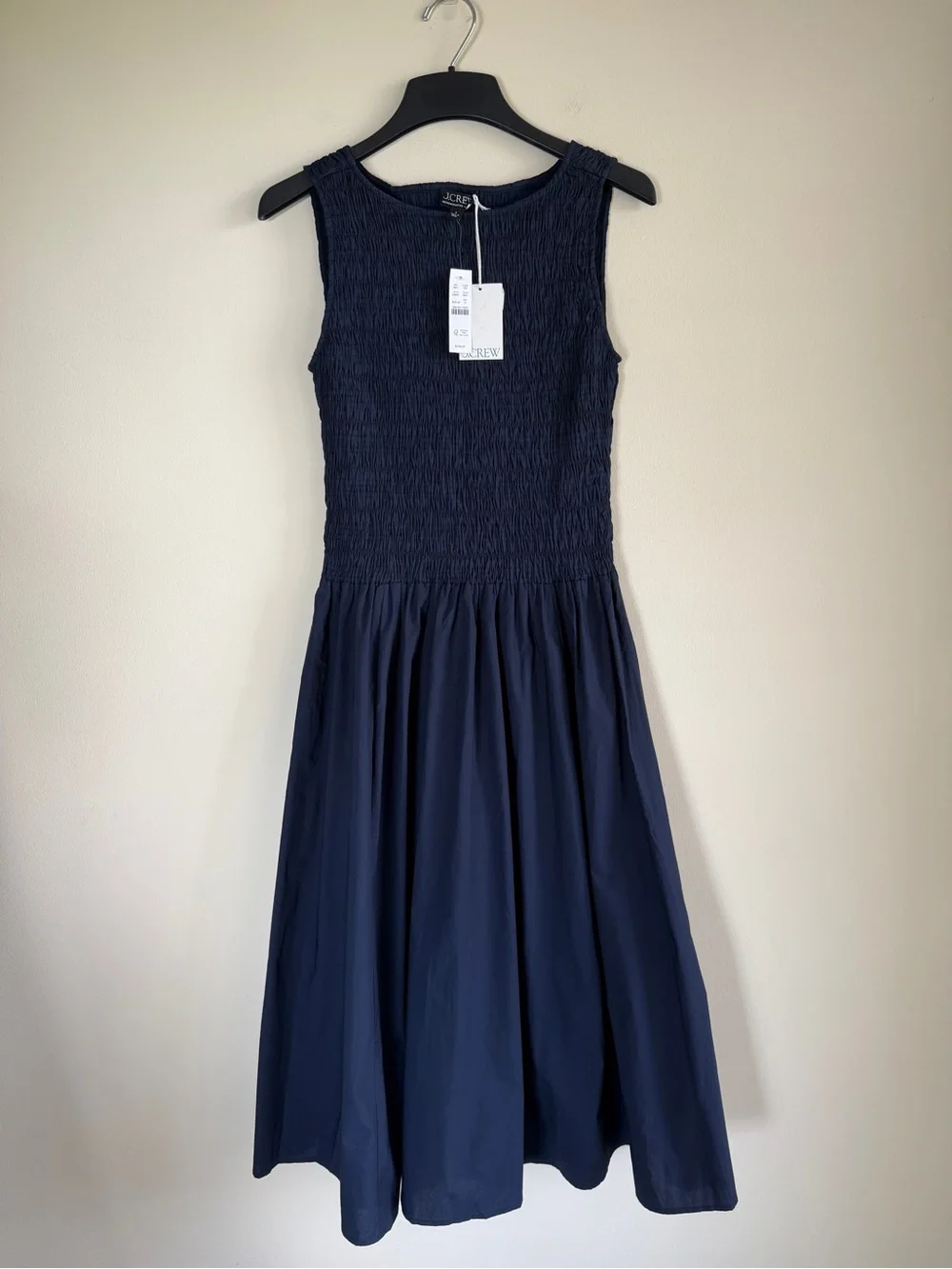 J.Crew Lina Smocked Midi Dress Navy Cotton Sleeveless NWT Size Small